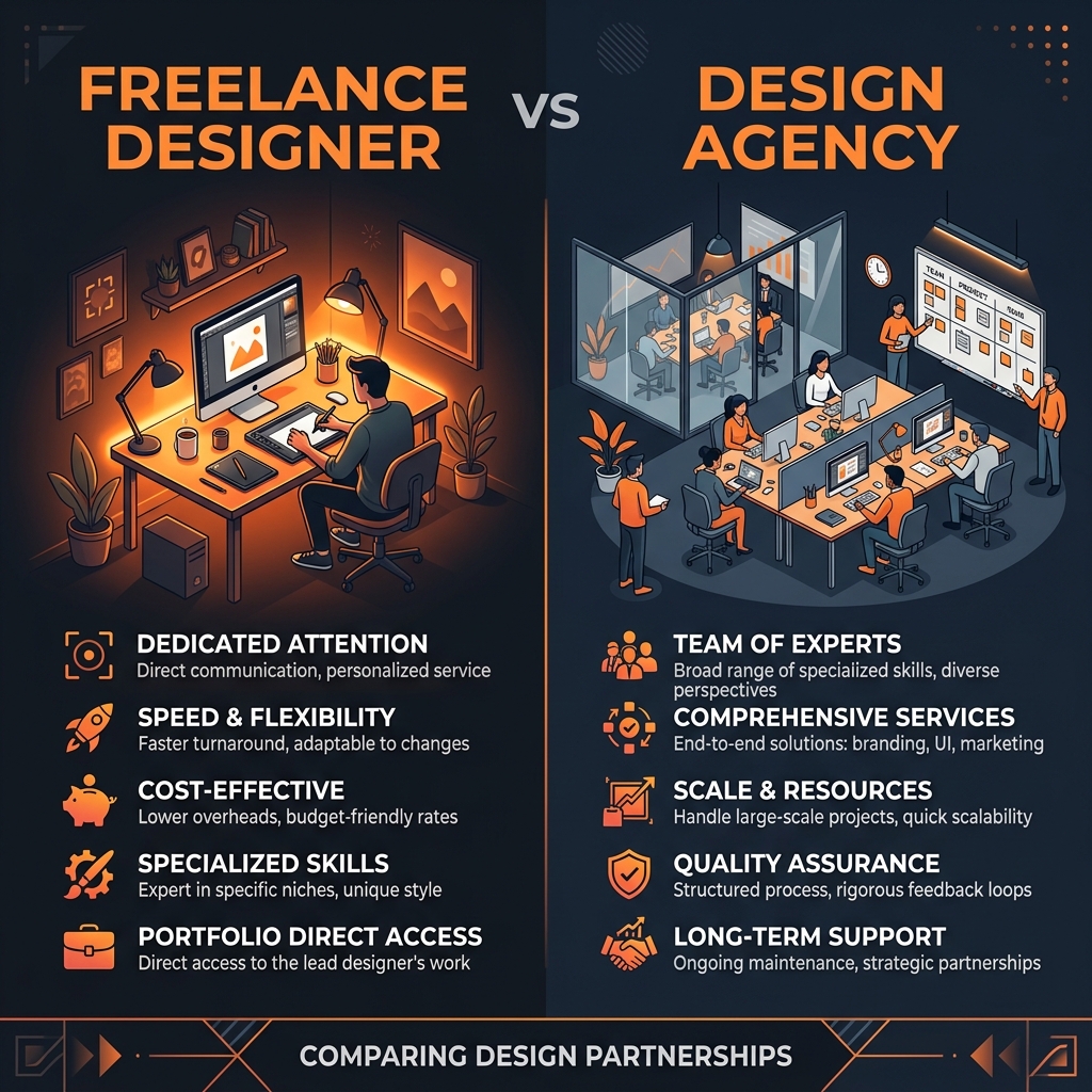 Freelancer versus corporate agency price comparison visual illustration